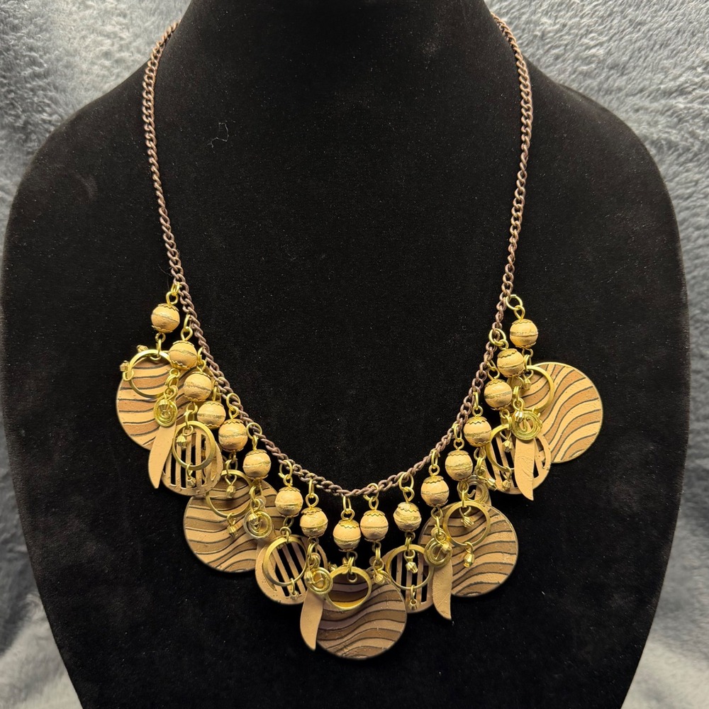 Unique Statement Pendant Bib Necklace Wood Tone Circles Beaded Boho Dangle 18 in